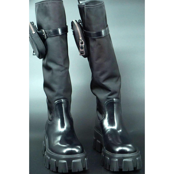 Prada Monolith Nylon Zip Bag Lug Combat Boot SZ 38 Logo Pocket Riding Platform - Picture 9 of 12